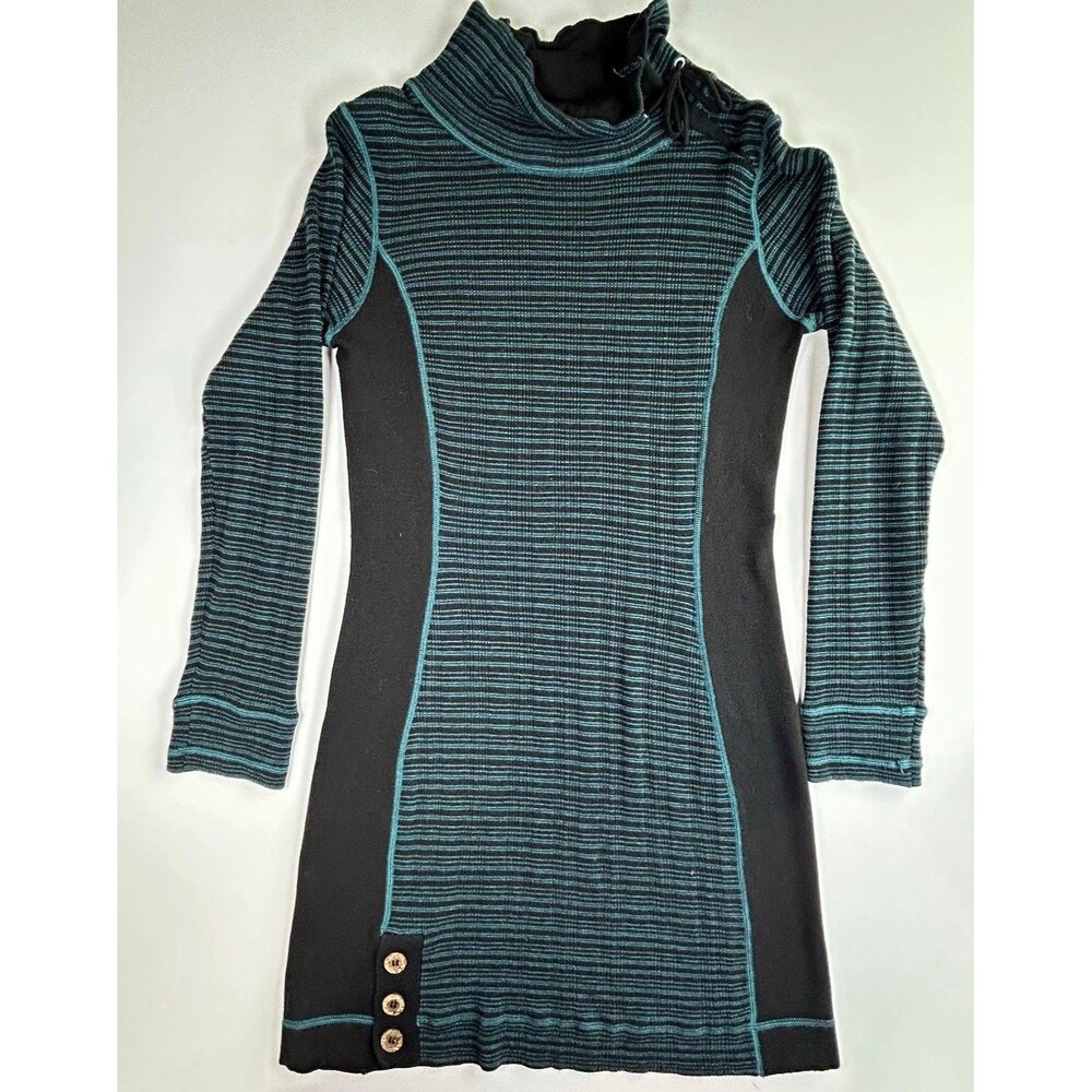 prAna Kelland Sweater Dress Size M Black Blue Striped Knit Cowl Neck Button